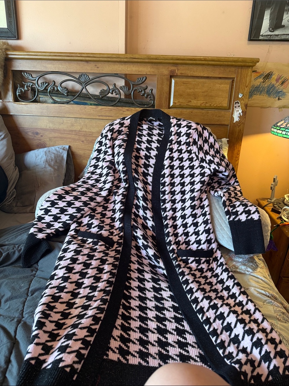 Express Pink & Black Houndstooth Open Cardigan Coat